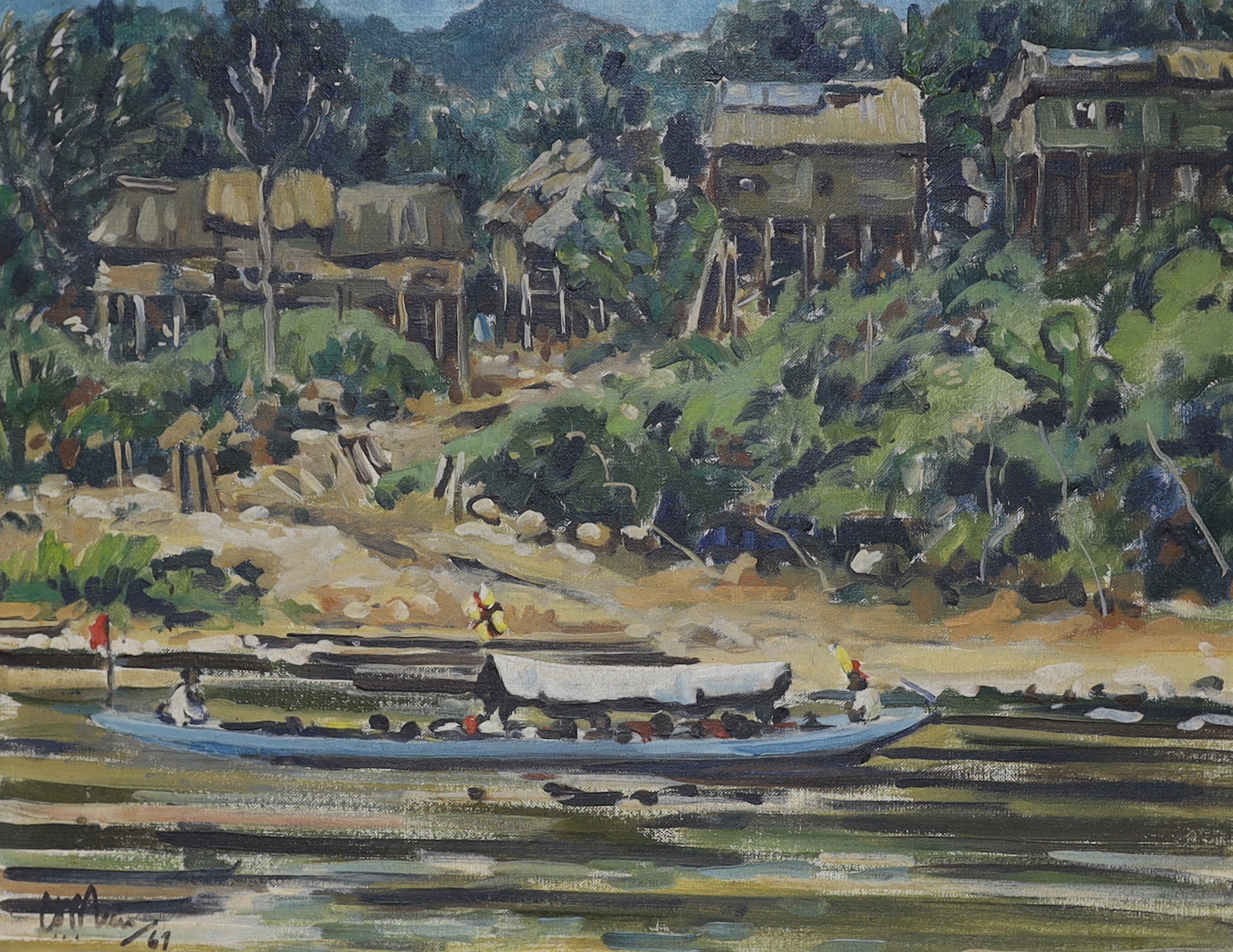 Christopher Meis? (20th century), oil on canvas, 'River Scene, Borneo', signed and dated '67, label verso, 39 x 49cm